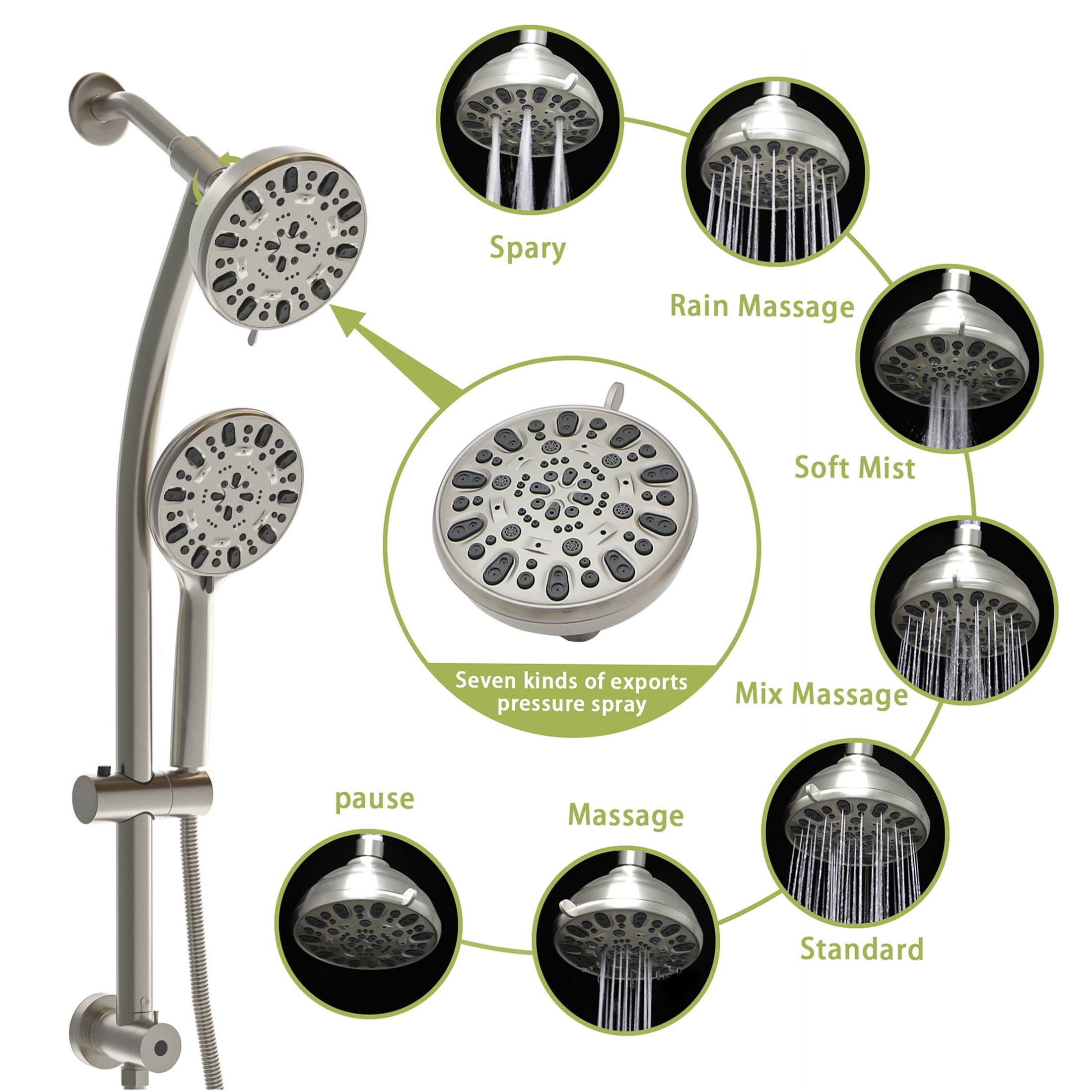 JERFIT Dual Shower Head System with 7-Spray Handheld Shower, Adjustable Slide Bar, 4.7" Rain Showerhead, Brushed Nickel Finish