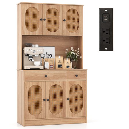 Gymax Kitchen Pantry Cabinet w/ Charging Station 71'' Tall Kitchen Buffet Cabinet