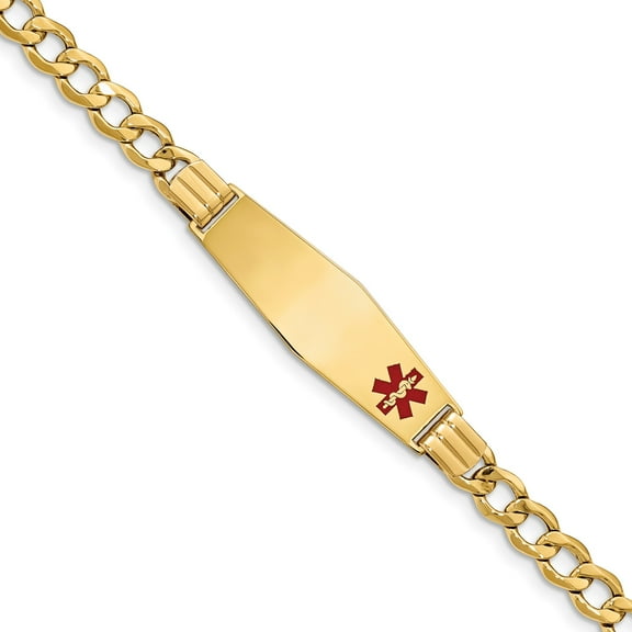 14K Medical Soft Diamond Shape Red Enamel Semi-solid Curb Link ID Bracelet in 14k Yellow Gold