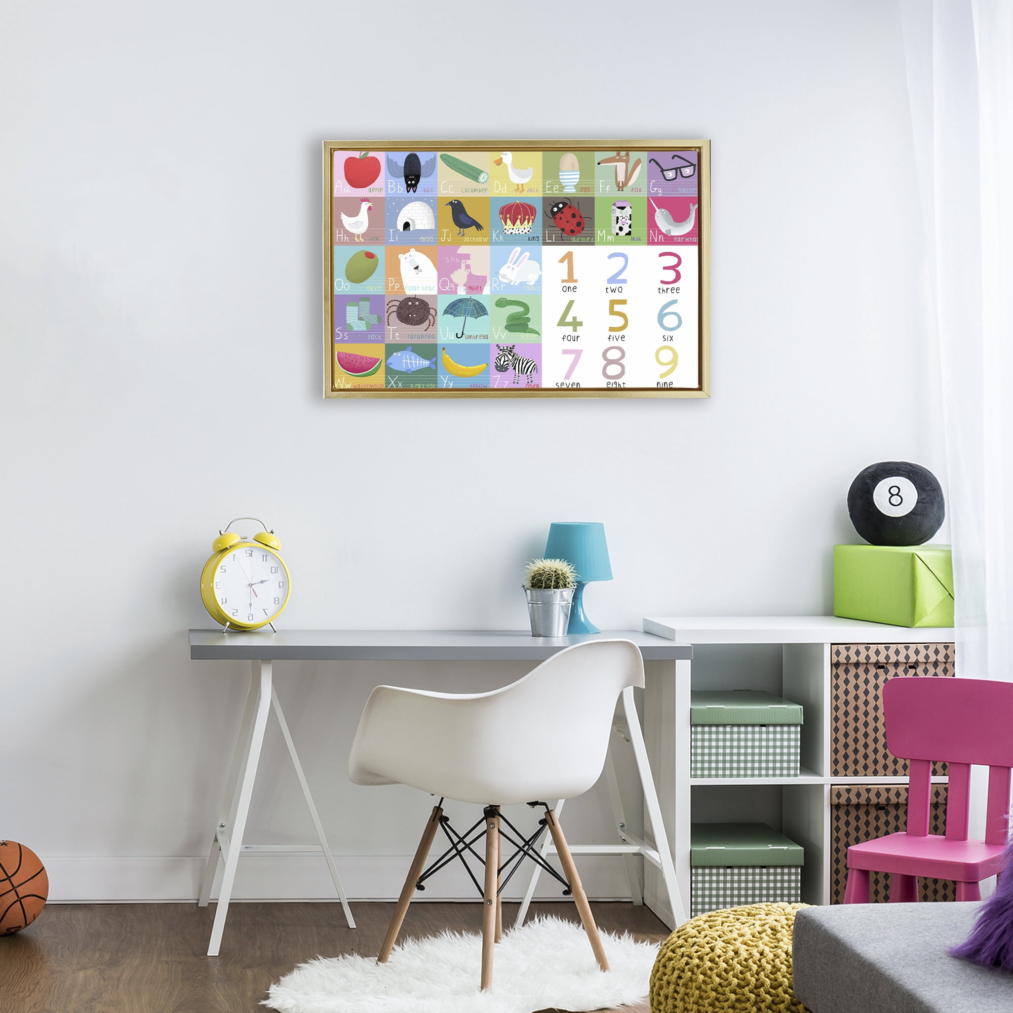Stupell Industries Alphabet & Numbers First Words Gold Framed Floater Canvas Wall Art, design by Carla Daly