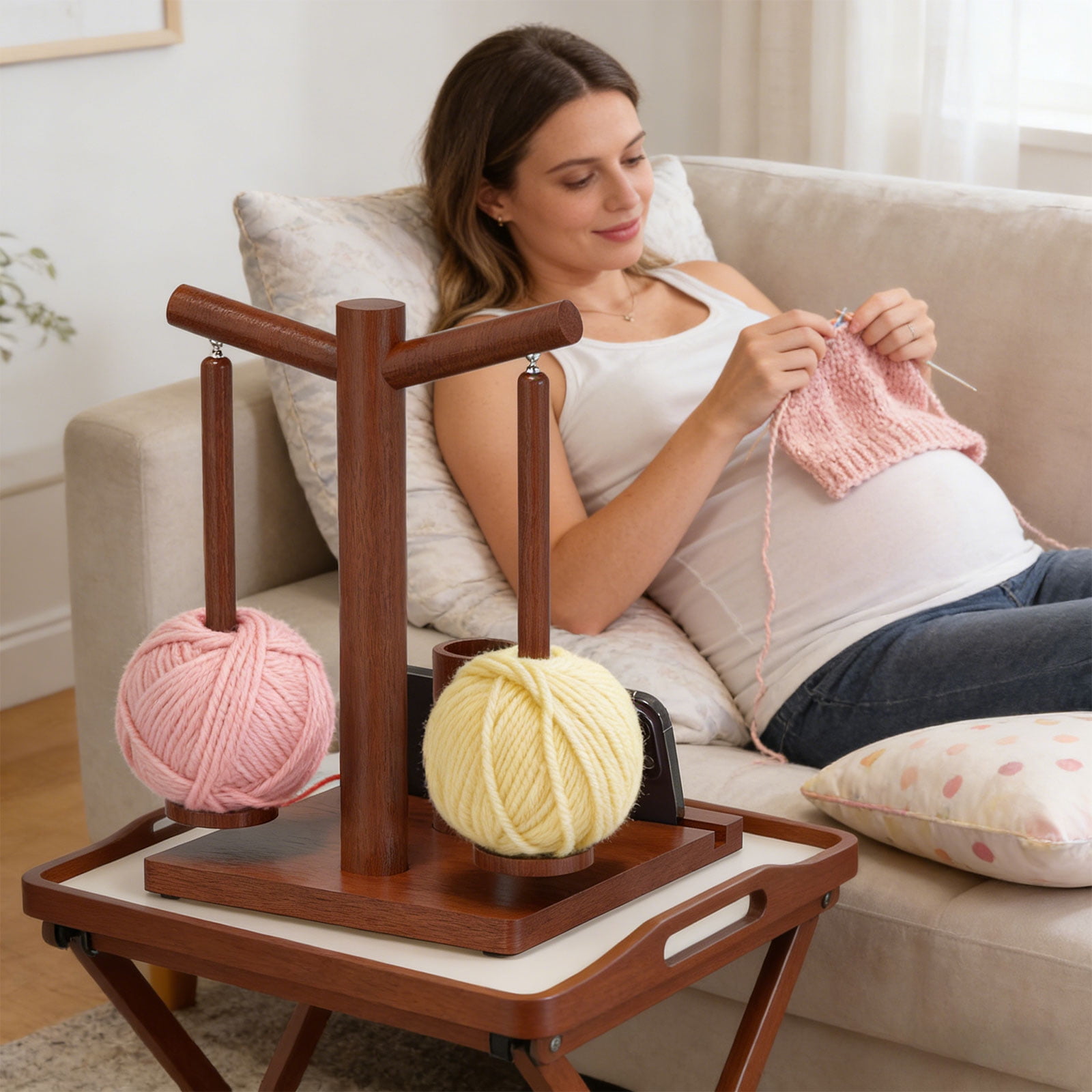 Yarn Dispenser Phone Stand Integrated Double Spindles Craft Organizers For Knitters And Crochet Enthusiasts