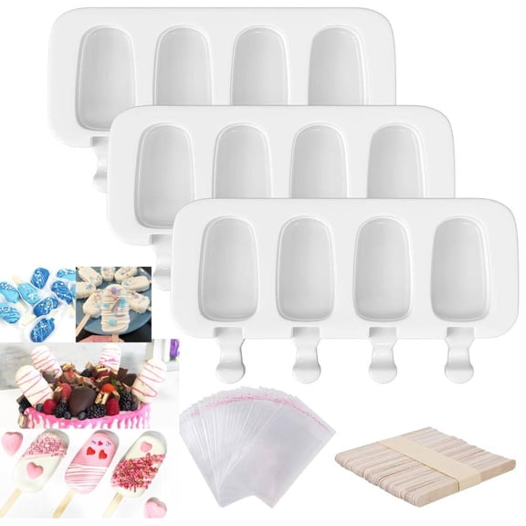 Popsicle Molds Set of 3, Ice Pop Molds Silicone 4 Cavities Ice Cream Oval Cake Pop Mold with 50 Wooden Sticks & 50 Self-adhesive Bags for DIY Popsicle, Clear (White）