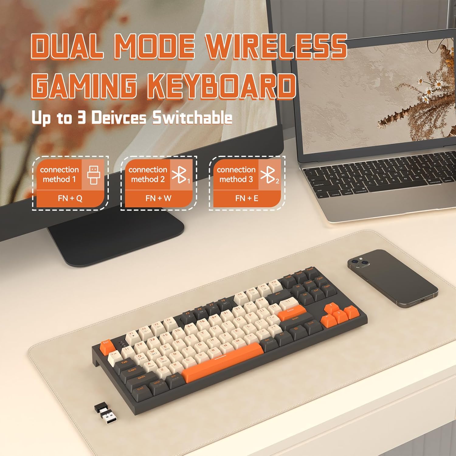 ZIYOULANG M88 Wireless Gaming Keyboard, Hot Swappable TKL Mechanical Keyboard, Bluetooth/2.4Ghz Dual Mode Connect, Type C/USB A 2-in-1 Receiver, 87 PBT Keycaps Red Switch for PC/MAC - Grey & Orange