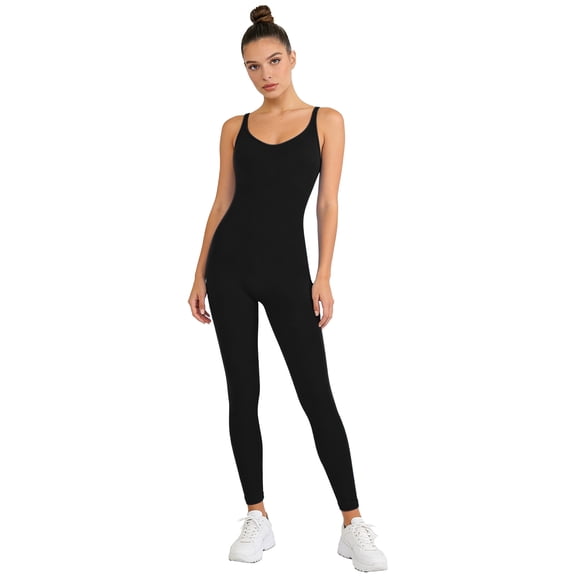 Haitryli Women Ribbed Workout Unitard Sleeveless U-Back Scrunch Butt-Lifting Jumpsuit Yoga Sports Bodysuit Black L
