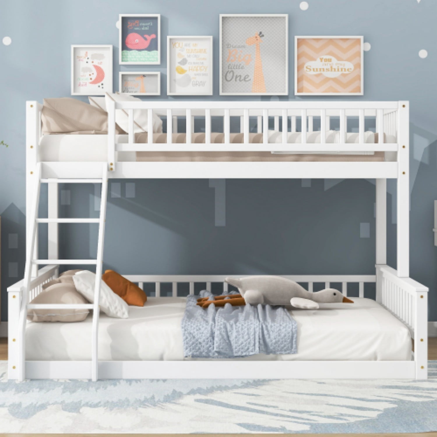 Twin XL Over Queen Bunk Bed with Ladder, Convertible Wood Bunk Bed Frame with Safety Guardrails, Solid Pine Wood Space Saving Bed for Bedroom, White