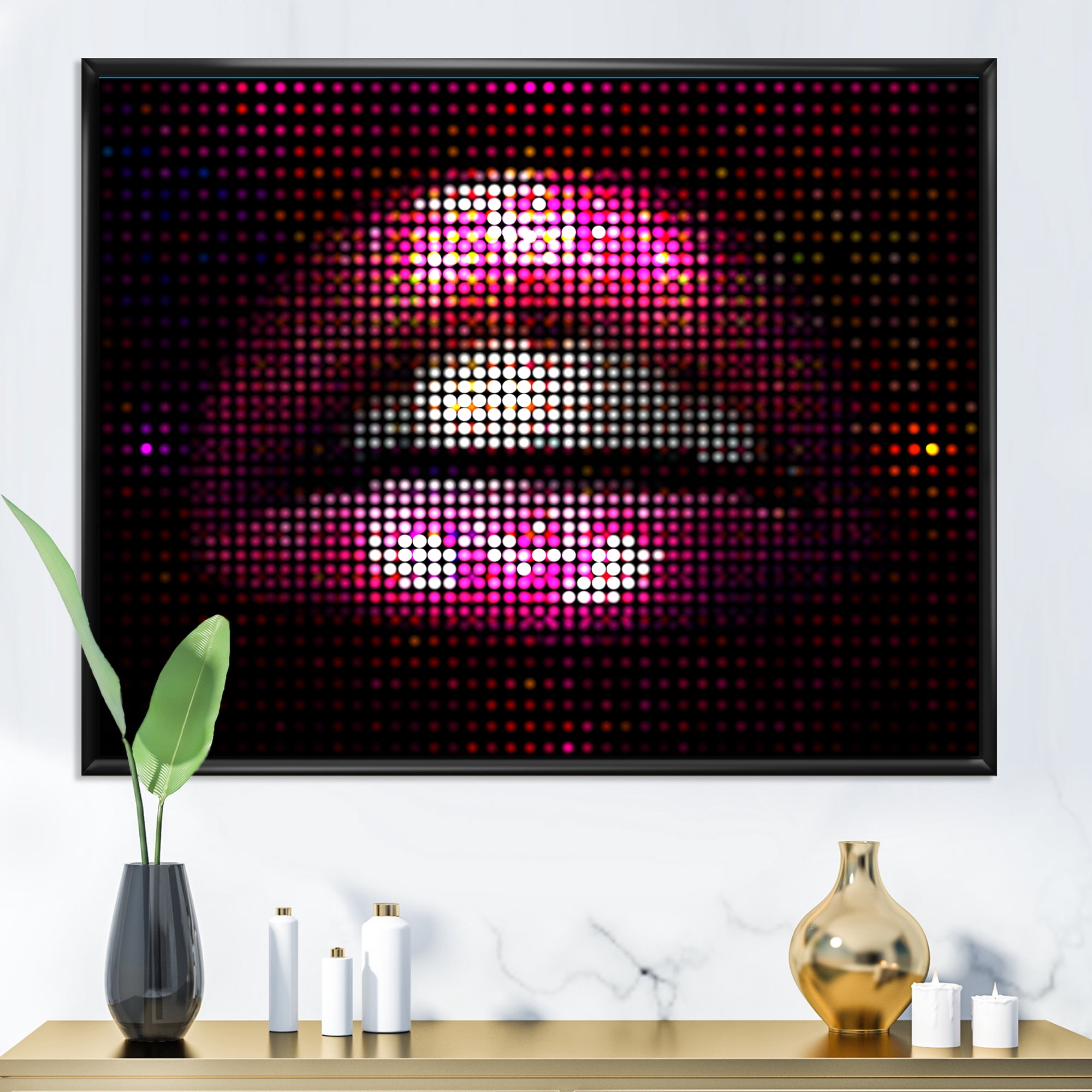 Detail Of Pixellated Pink Woman Lips 40 in x 30 in Framed Painting Canvas Art Print, by Designart