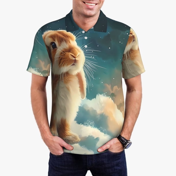 Balery Starry Sky Cloud Cute Rabbit Camisa Polo de Hombre con Estampado, de Manga Corta y Tejido Medio, Camisa Tipo Golf Polo-Small