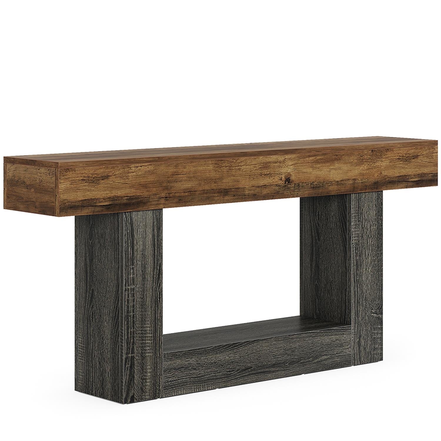 Demi Bonn 63" Wood Console Table, Farmhouse 2-Tier Sofa Table Entryway Table, Foyer Display Table, Brown + Gray