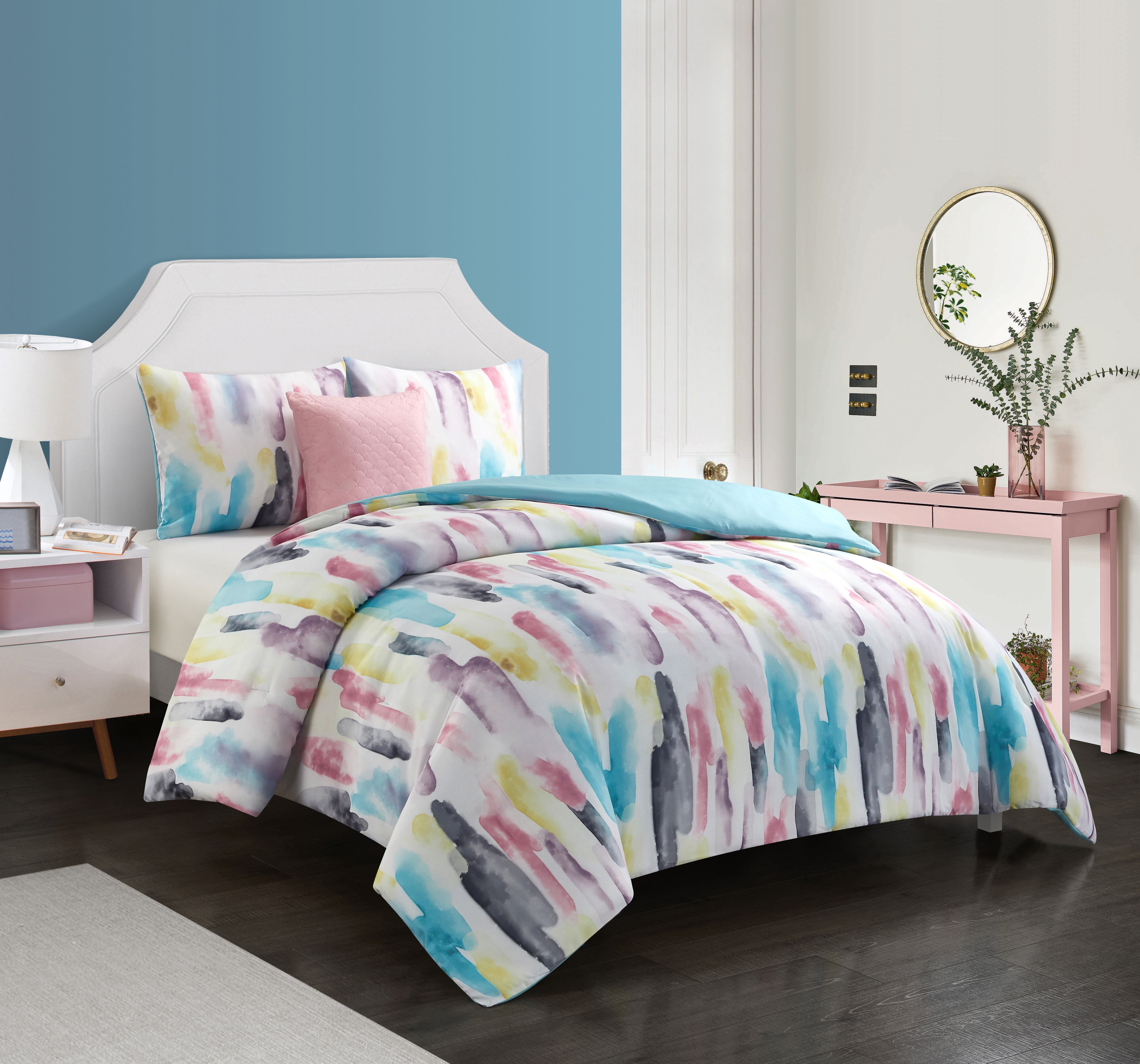 BEAUTIFUL CHIC PINK BLUE AQUA TEAL YELLOW SOFT WATERCOLOR ABSTRACT COMFORTER SET 