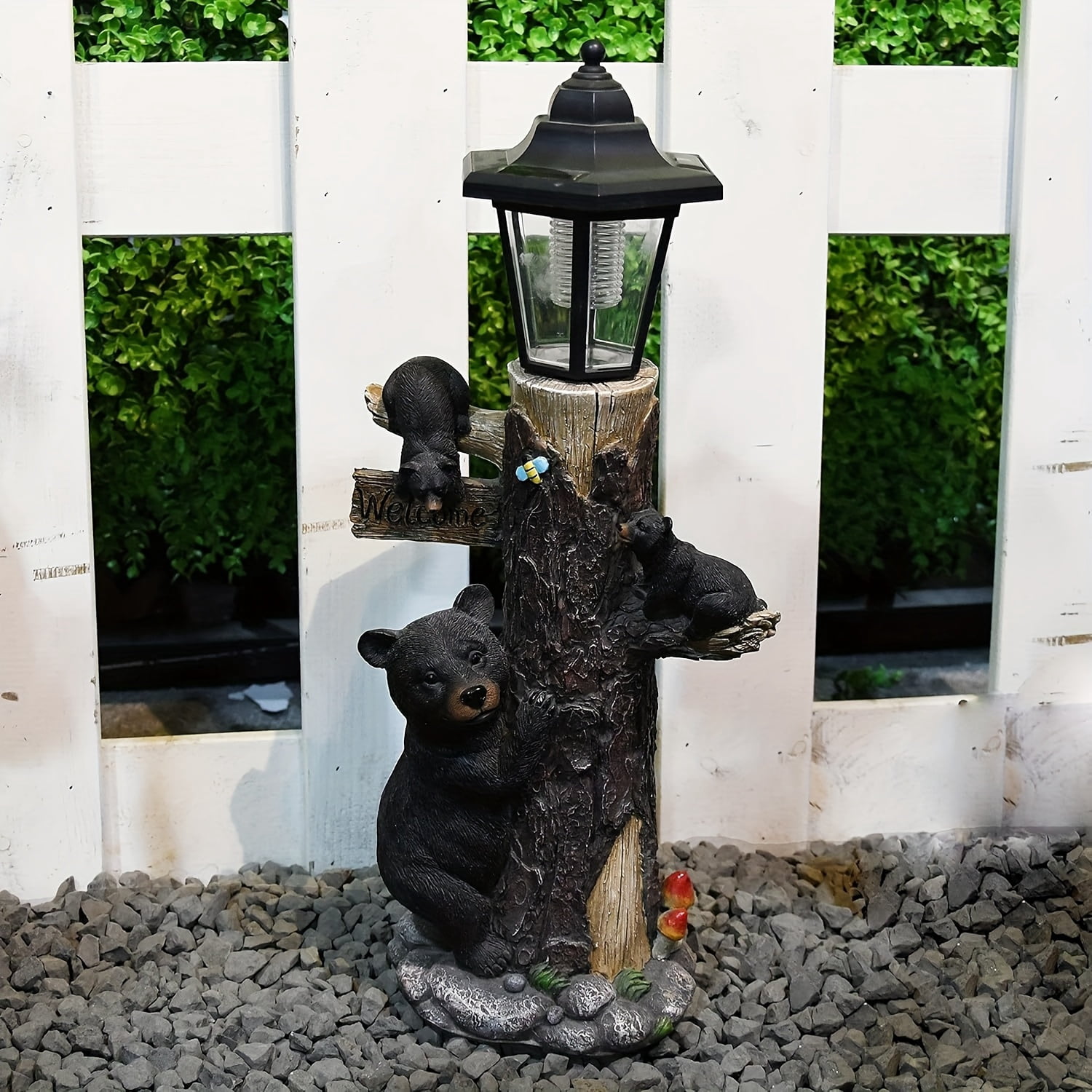 Solar Welcome Bear Garden Light with LED 3 Cubs Climbing Tree Resin Outdoor Yard Decor