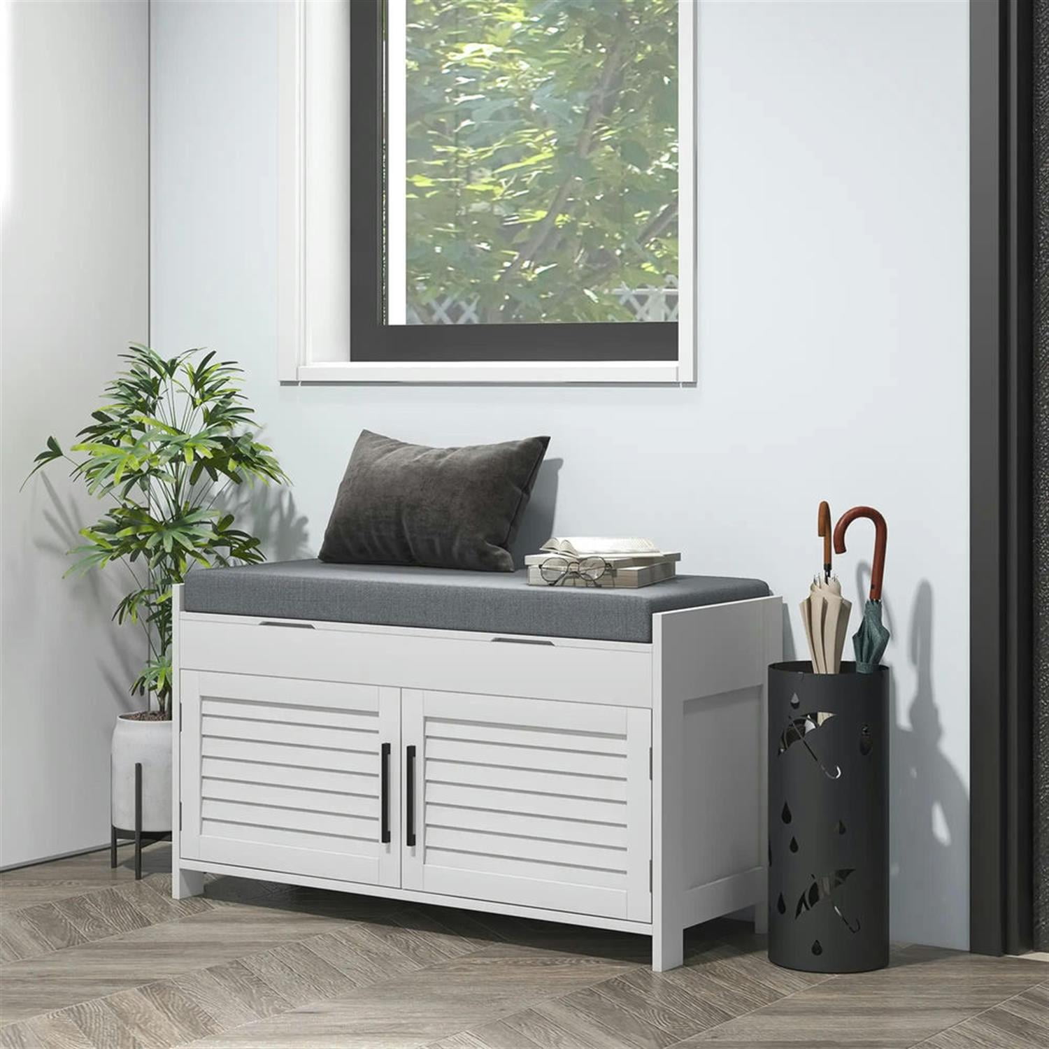 Demi Bonn 35" Modern Entryway Bench with Cushion, Hidden Storage, Shutter Doors, Adjustable Shelves, White