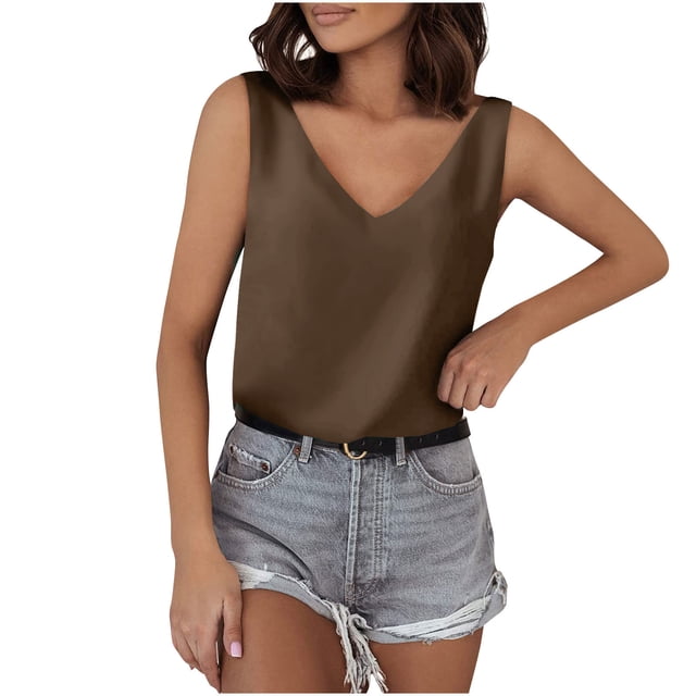 Timegard Womens Tank Tops Satin Deep V Neck Sleeveless Solid Color Casual Comfy Soft Tee Camis Summer