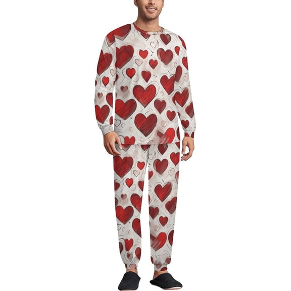 Red Line Heart Pattern Men's Pajama Set Sleepwear Pjs Lightweight Long Sleeve Crewneck Shirts and Bottoms Soft Comfy Sleep Sets XS