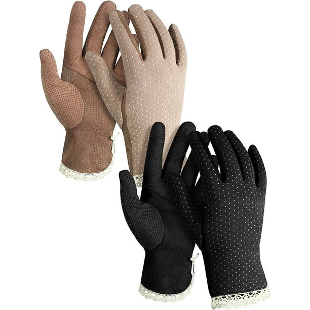 2 Pares Café, NegroGuantes de Conducción Anti-UV de Verano Guantes de Algodón Fino Protección UV Transpirable Guantes de Protección Solar para Mujeres Ciclismo al Aire Libre Senderismo,