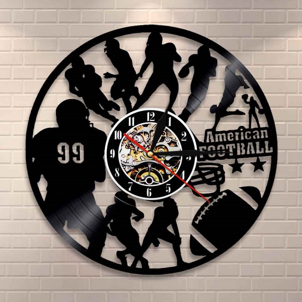 YanGxx American Football Home Decor Modern Design Wall Clock Rugby Football Player Silhouette Vinyl Record Wall Clock Sports Lover Gift