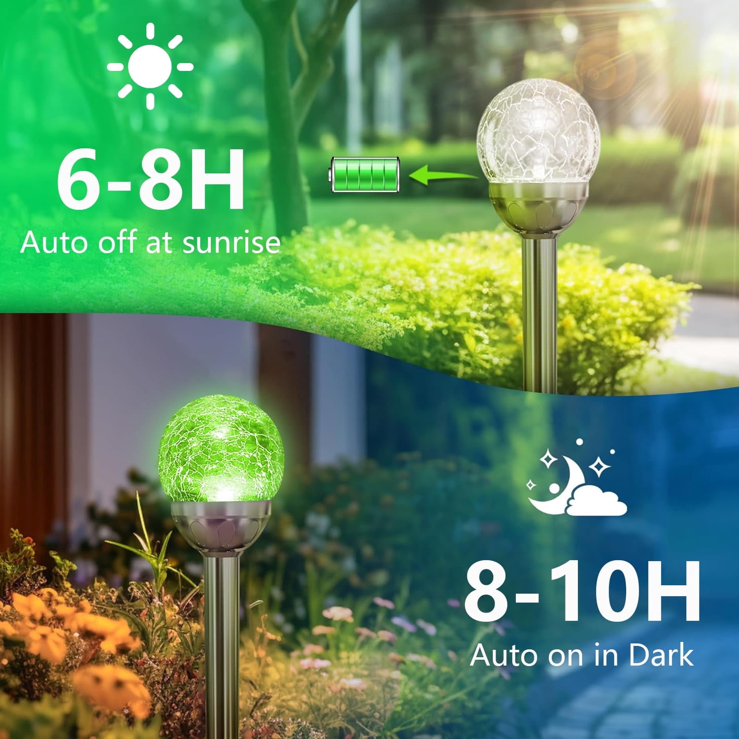 TiokMc 4 Pack Solar Garden Lights Outdoor, Color-Changing Crackle Glass Globe Lights, IP65 Waterproof LED Pathway Lighting with Auto On/Off, for Lawn Patio Yard Decor