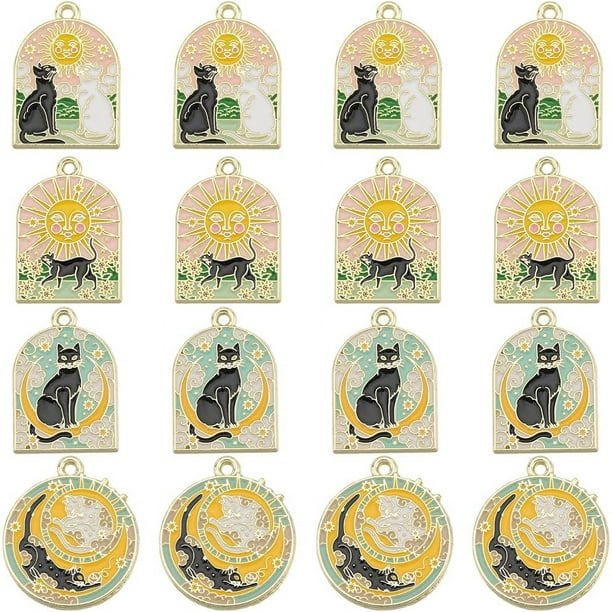 16 amuletos de aleación para cartas del Tarot: Planchette mágico gótico de esmalte, amuleto de adivinación del sol y la luna, amuletos góticos de la suerte.