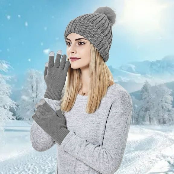 nochalofo Beanies Hats Men, Womens Winter Hat Thick Knit Warm Beanie Knitted Soft Ski Cuff With Gloves, Silver