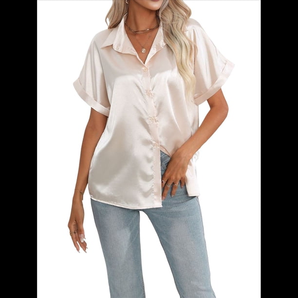 Blusa de Satén de Seda con Botones para Mujer, Ligera, de Trabajo, con Cuello en V, Larga y Solapa Champán M