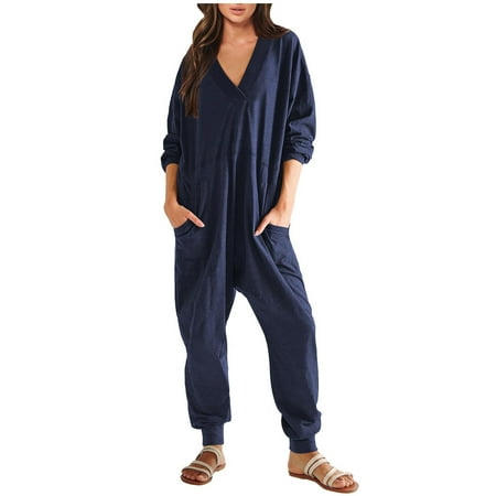 Women Casual Jumpsuit Ladies Long Sleeve V Neck One Piece Playsuits Loose Full Body Rompers with Pocket Women s Solid Color All In One Bodysuit Outfit Overall Pants