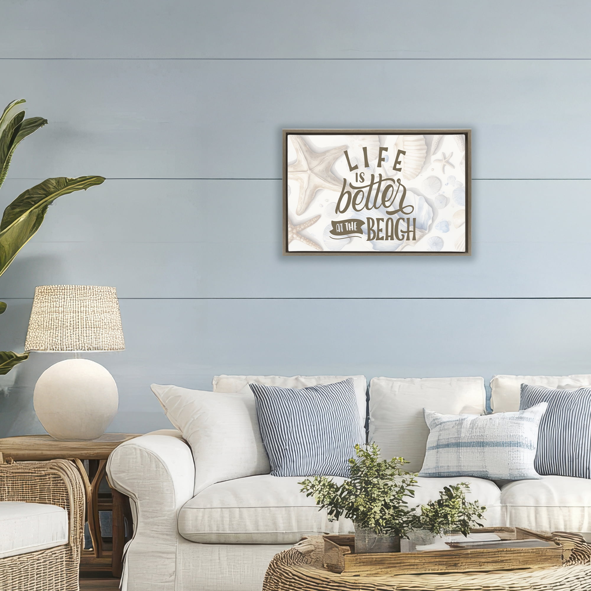 Stupell Industries Better At Beach Seashells Brown Framed Floater Canvas Wall Art, design by Kim Allen