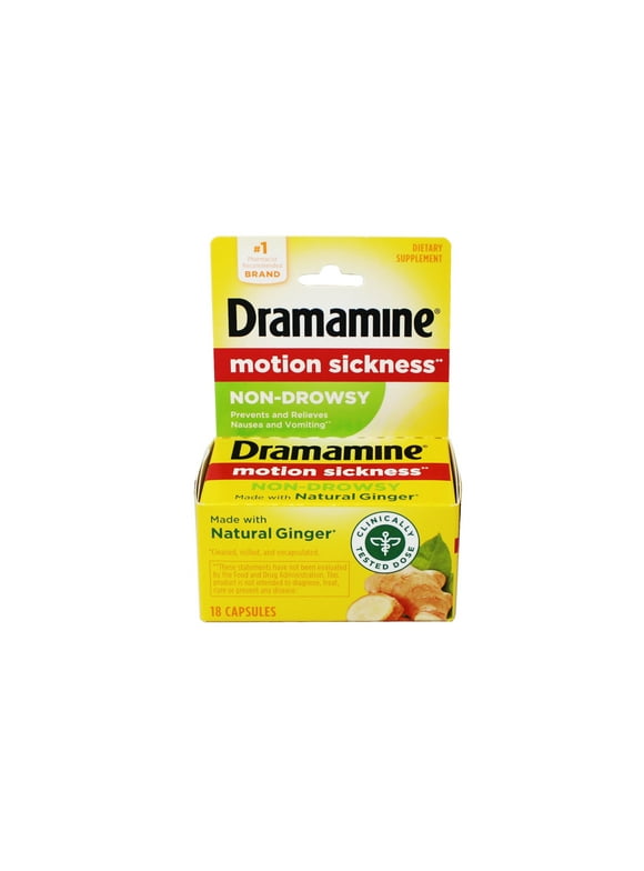 Dramamine Non-Drowsy, Motion Sickness Relief, Made with Natural Ginger, 18 Count