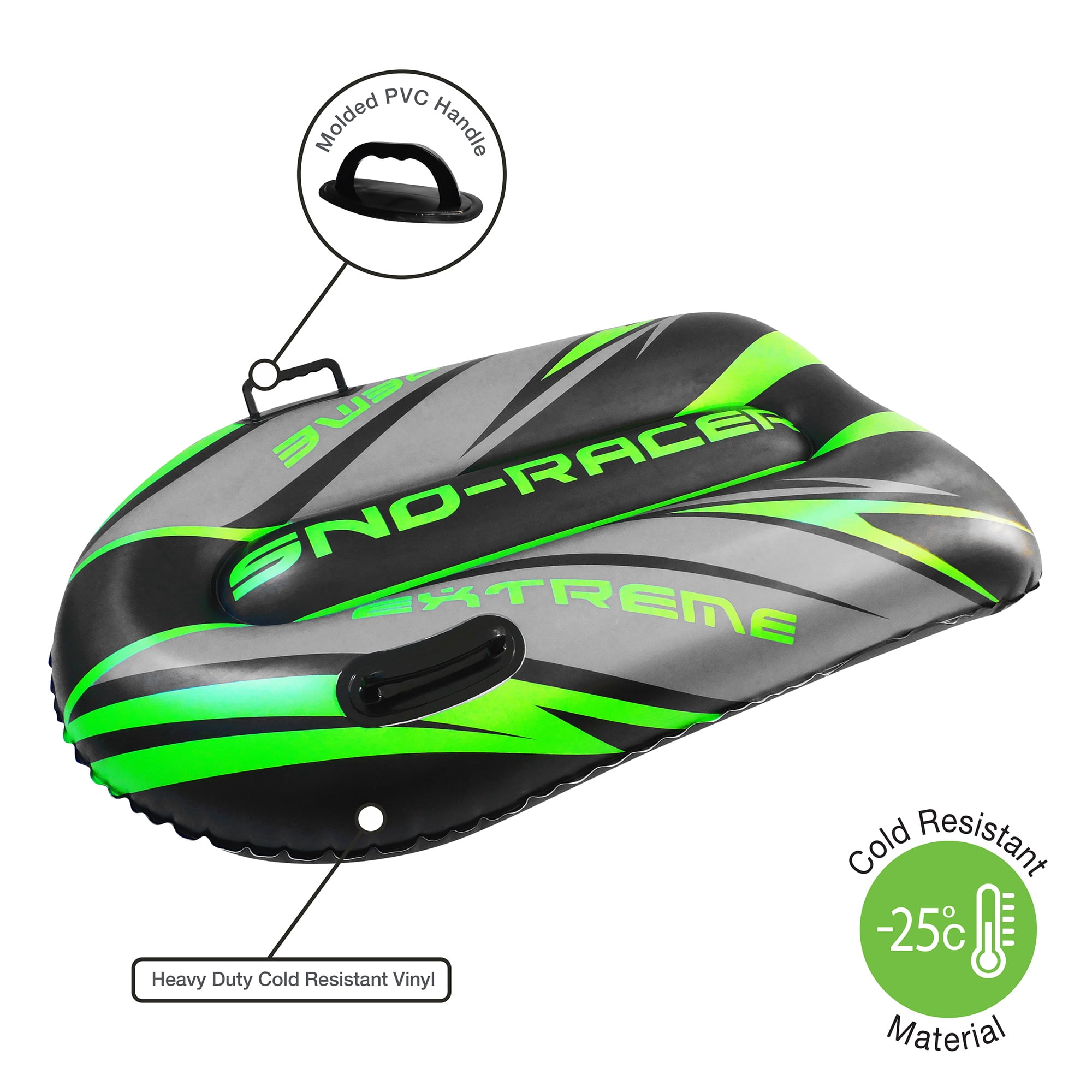 CocoNut Outdoor: Green Typhon Toboggan Snow Sled - 48x31" Lime-Black-Silver, Winter Inflatable, Cold Resistant PVC, 200lb Cap, Kids-Teens-Adults 8+