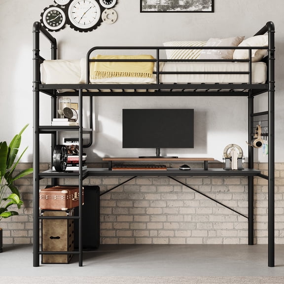 Twin Metal Loft Bed with L-Shaped Desk – Heavy Duty Frame, 2 Storage Shelves, Decorative Mesh – High Guardrail, Ladder – Space Saving – Vintage Black or Brown