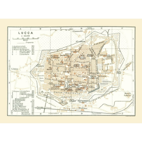 Historic Map - Lucca Italy - Bertarelli 1914 - Vintage Wall Art