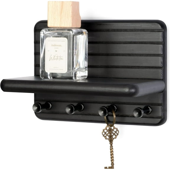 Rebee Vision Small Pine Wood Key Holder Wall Mount - Mini Key Holder for Wall with Shelf & 4 Hooks (Black, 7inch)