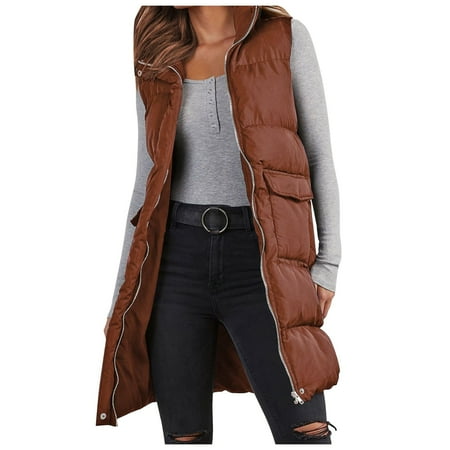ZHOUCHANKIDS Plus Size Long Puffer Vest Women Winter Sleeveless Puffy Jacket with Hood Zip Up Quilted Vest Brown XXXL