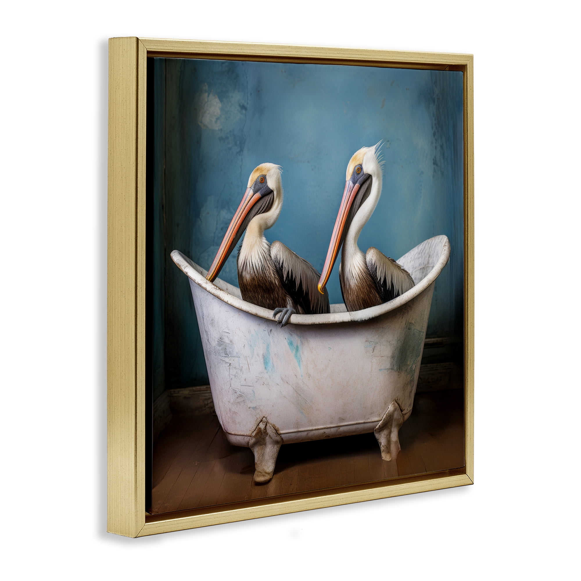 Stupell Industries Pelican Bath Time Typography Painting Gold Floater Framed Canvas Art Print Wall Art, 18 x 18