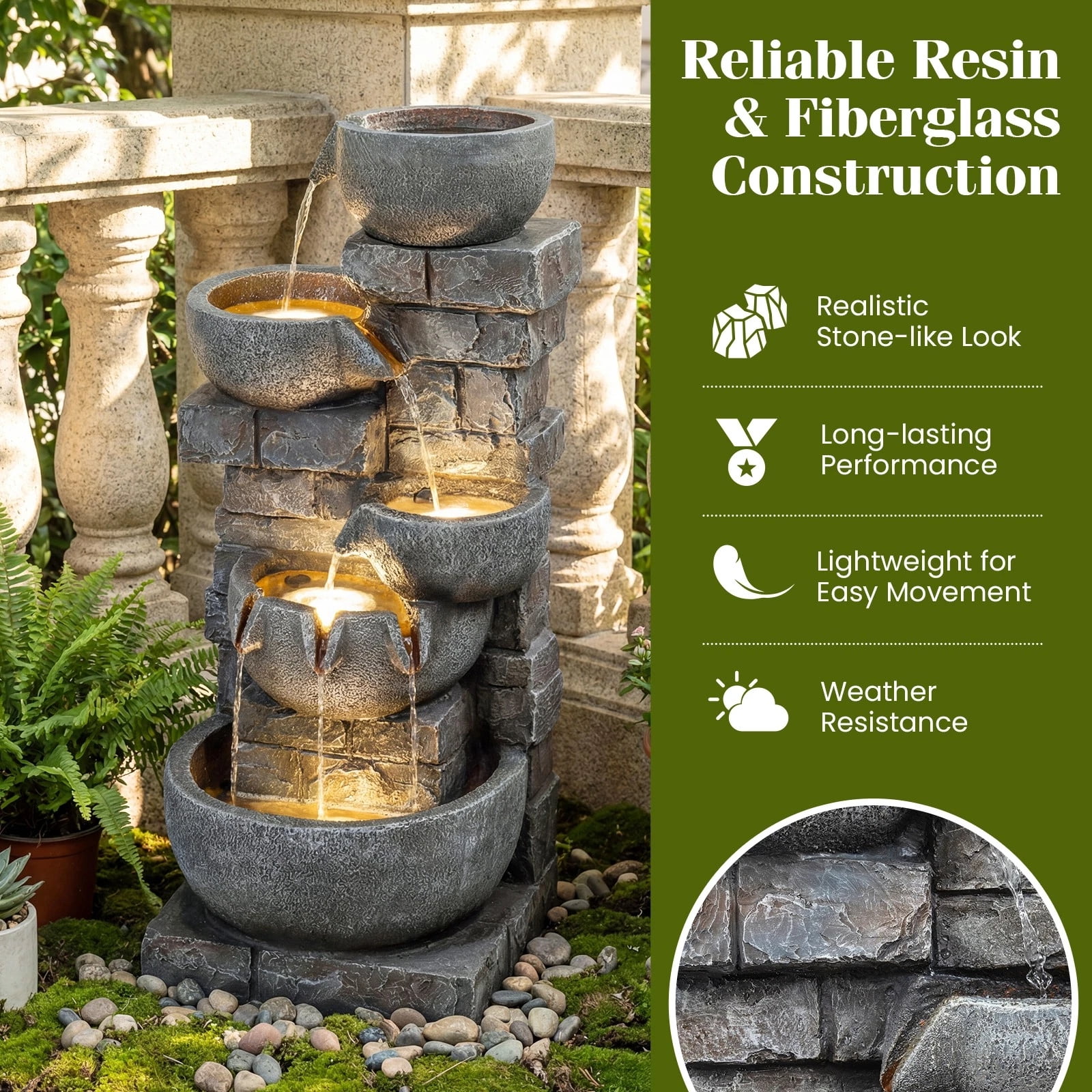 DRAZUNO 33” 5-Tier Outdoor Water Fountain with LED Lights for Patio Backyard Porch Deck