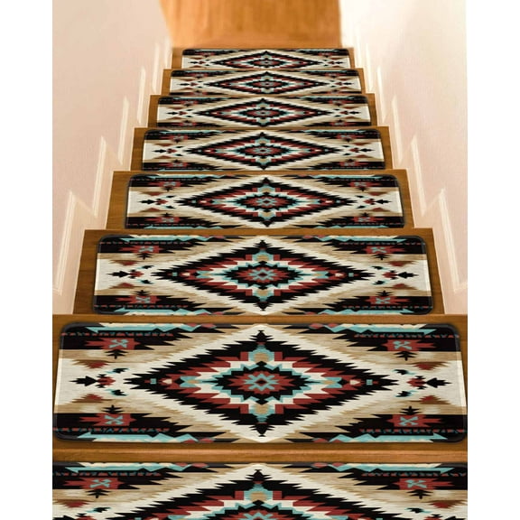 Boho Brown Teal Red Stair Treads for Wooden Steps Indoor Runner Rug Carpet, Southwestern Geometric Art Vintage 4 Pieces Peel and Stick Staircase Step Treads Covers Washable Throw Door Mats, 30"x8"