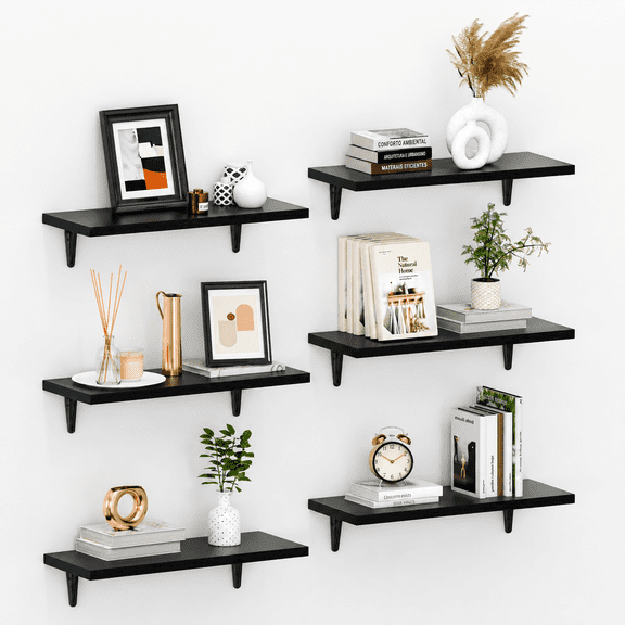 Black 15.7" Wood Floating Wall Shelves Set of 6 for Bathroom Bedroom Kitchen Living Room