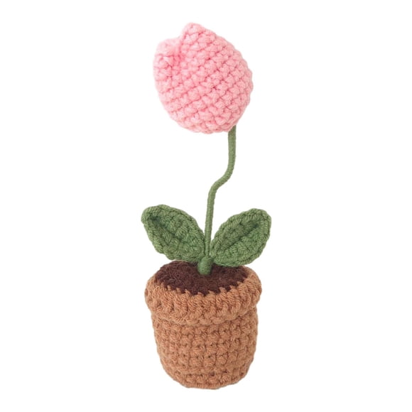 Siruishop Hand Knitted Flower Mini Potted Handmade Kintting Flower for Valentine's Day Pink Tulips