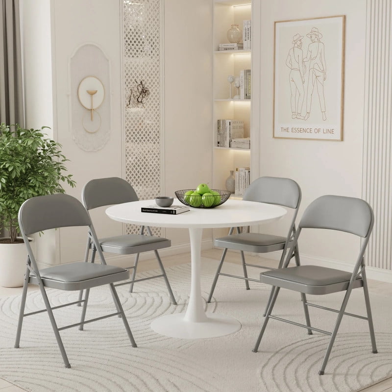 Kelno 4 Pack Folding Chair Leather Padded Seat Portable Chair, Grey