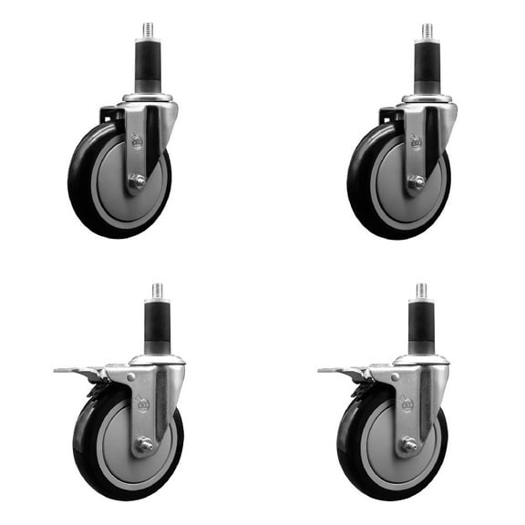 5 Inch Black Poly Swivel 1-1/4 Inch Expanding Stem Caster Set 2 Brakes