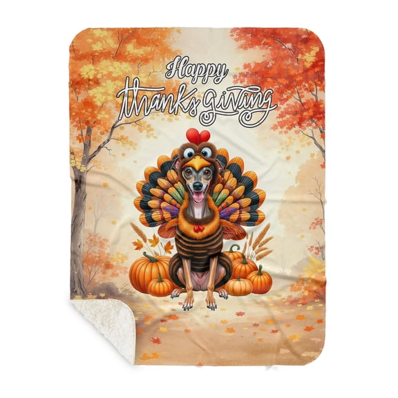 Happy Thanksgiving Italian Greyhound Turkey Costume Pumpkins Autumn Leaves Cozy Sherpa Blanket Greyhound Dog Lover Warm Soft Throw Blanket - 130144