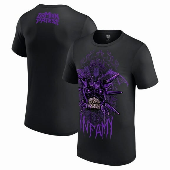 WWE Damian Priest “Infamy” T-Shirt – Gothic Demon Design – Judgment Day Purple Graphic Tee