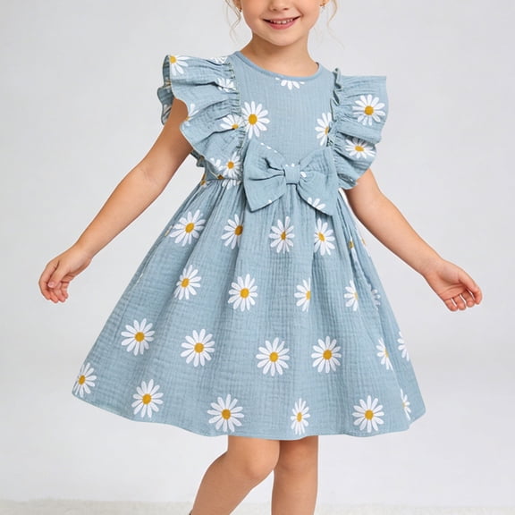 BRGZLK Girls Boho Dresses Baby Fashion Daisy Print Bow Camisole Dress Casual Cute Ruffle Sleeveless Round Neck Summer Beach Sundress Blue 7-8 Years