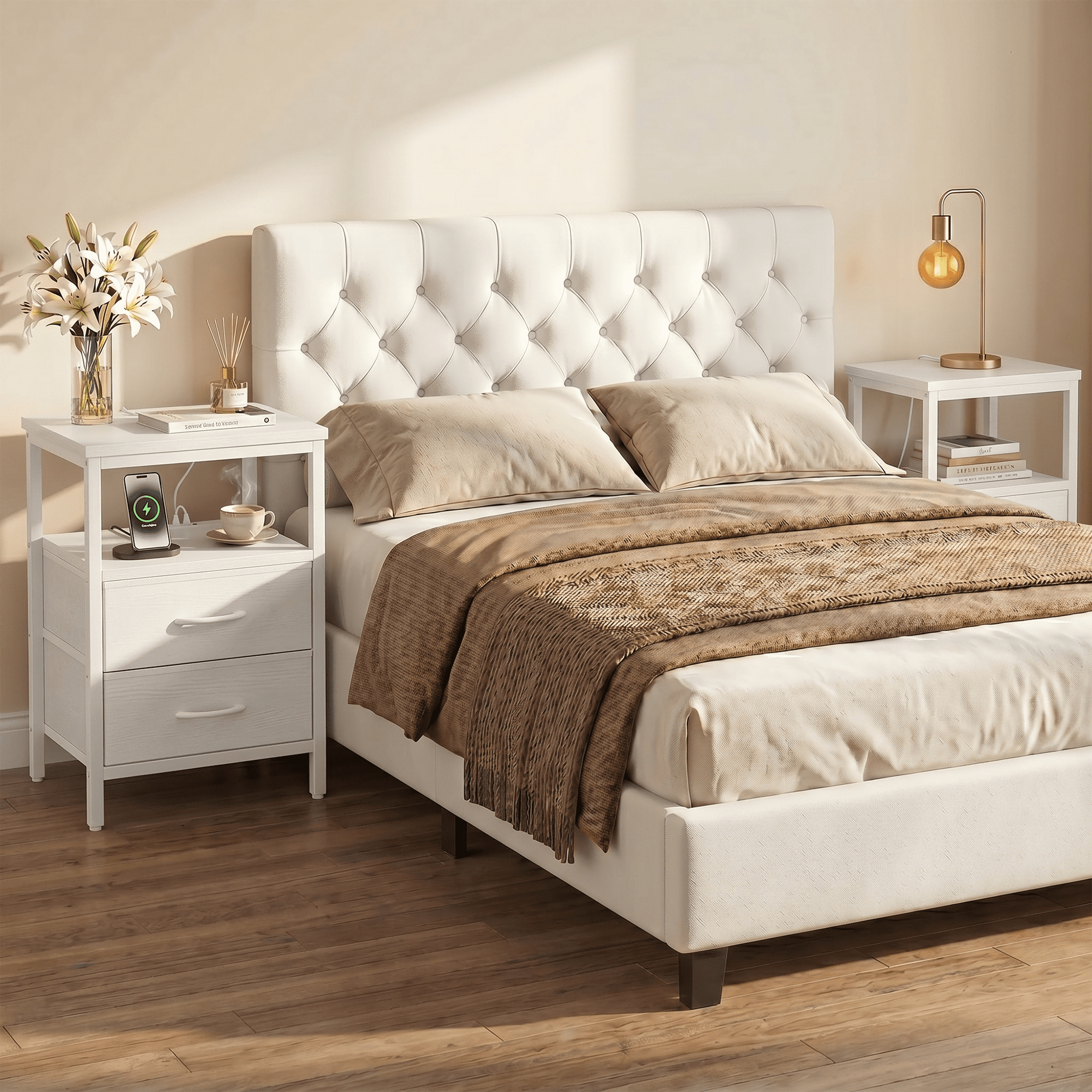 LIFERECORD Nightstand Set of 2 with 2 Fabric Drawers, Nightstand with Charging Station, End Tables with Storage Shelf for Small Spaces, Bedside Table Side Tables for Bedroom, White