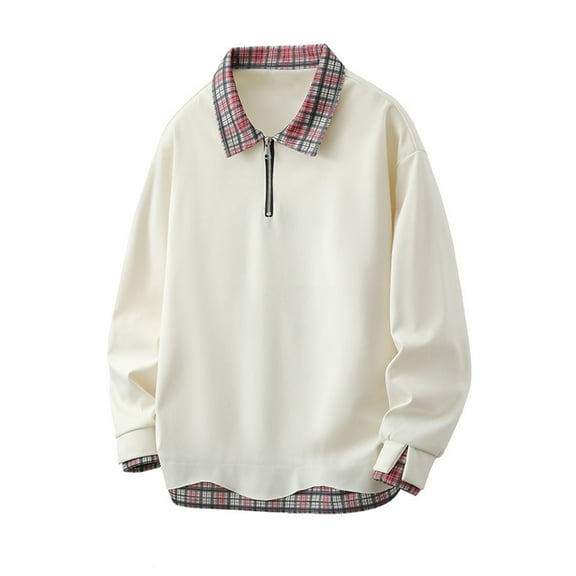 Betivan Mens Sweatshirt Fake Two Pieces Polo Half-zip Vintage Plaid Collar Button Pullover Top