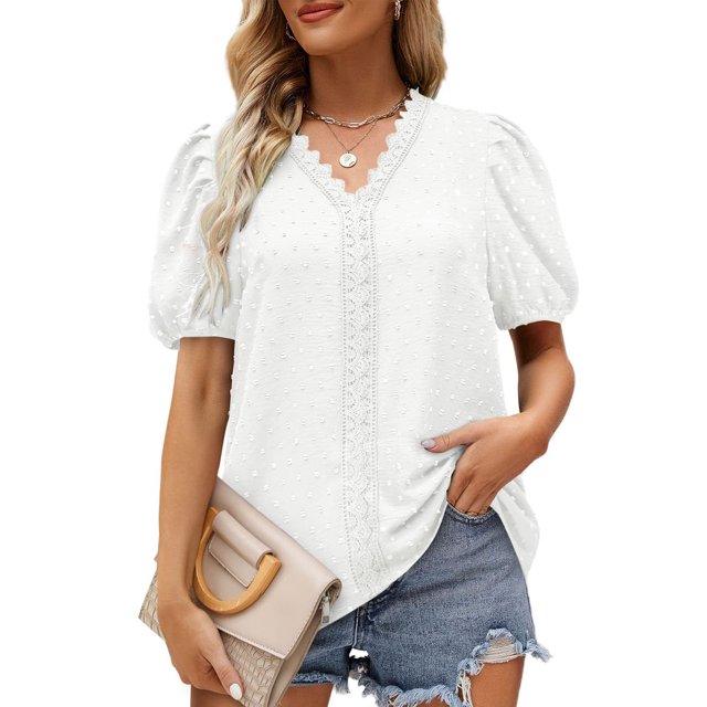 Blusa informal de manga abombada con cuello en V y encaje para mujer, Top de verano holgado de Color puro