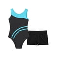 thumbnail image 3 of Xnihocha Girls Gymnastics Leotards with Shorts Dance Outfit Contrast Color Ballet Dance Bodysuit Blue Green&Black 4, 3 of 7