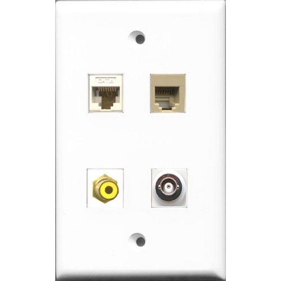 RiteAV 1 Port RCA Yellow and 1 Port Phone RJ11 RJ12 Beige and 1 Port BNC and 1 Port Cat6 Ethernet White Wall Plate