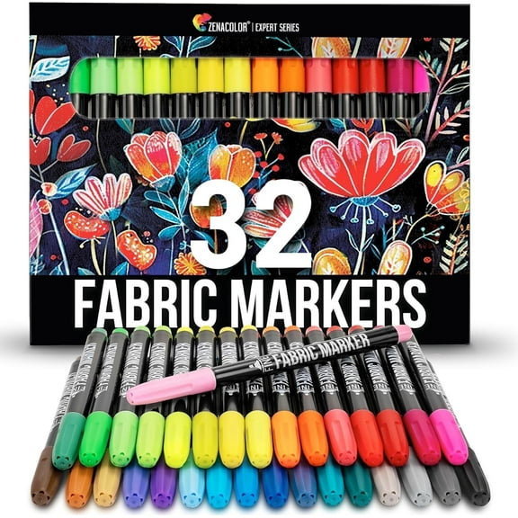 Zenacolor 32 Fabric Markers Pens - Non-Toxic, Indelible and Permanent Fabric Paint - Fine Point Tip for Cloth & Textile