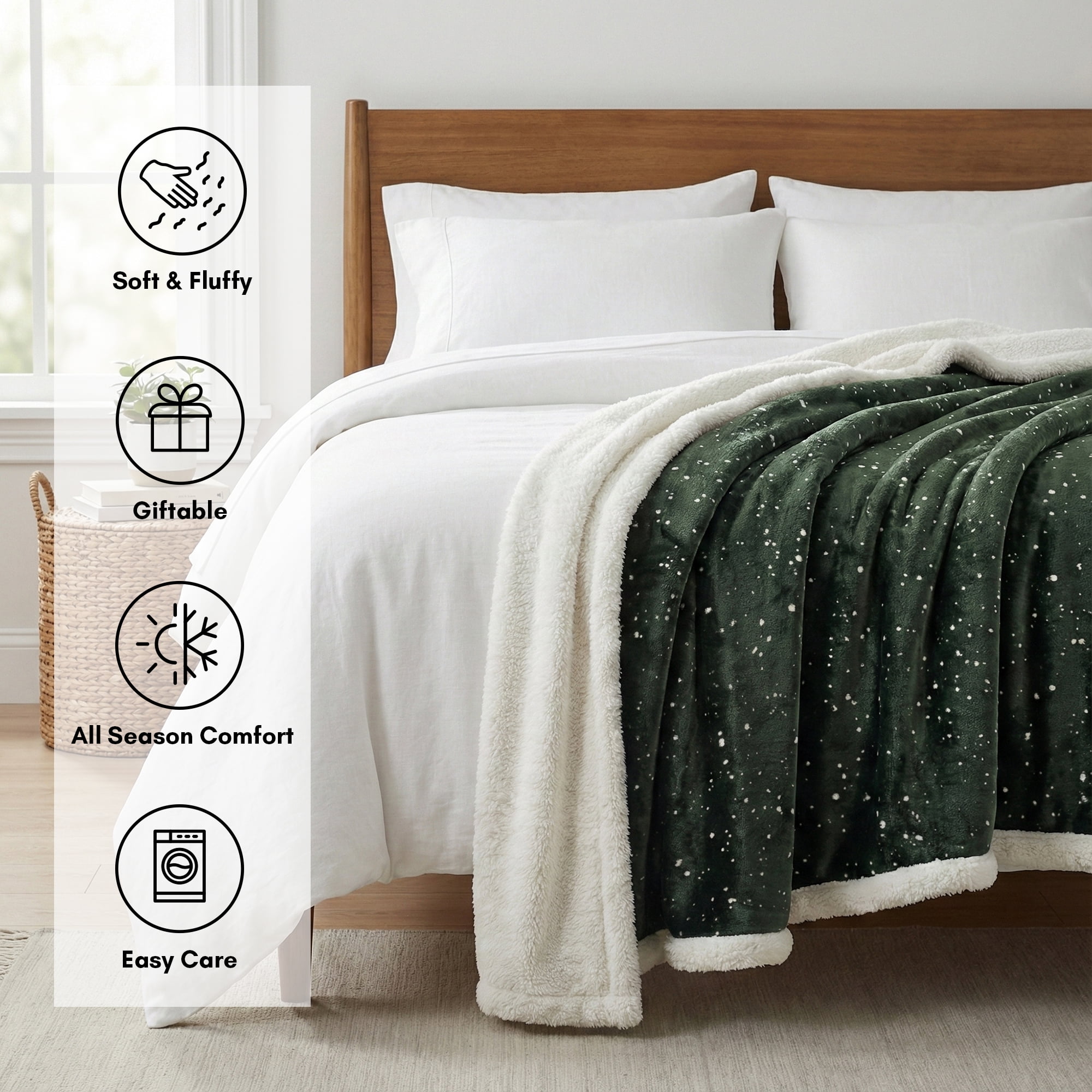 Americanflat 50x60 Printed Fleece and Reverse Sherpa Throw Blanket - Speckle Pattern - Reversible Design - Cozy Comfort for Couch or Bed - Green