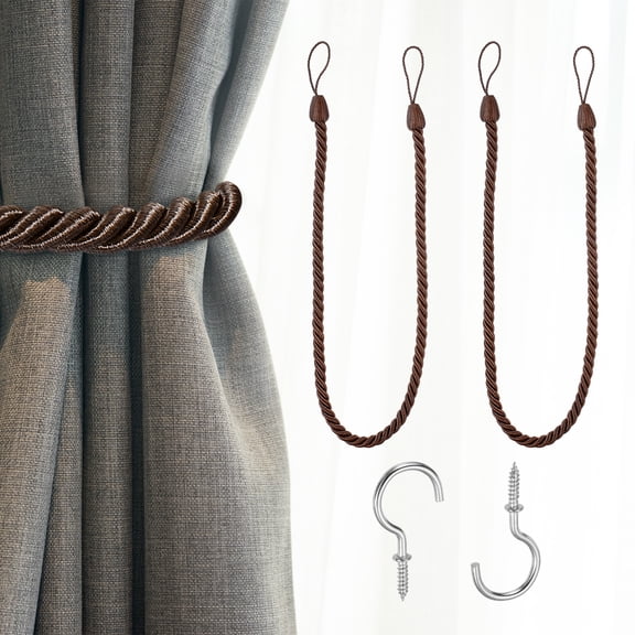 Uxcell 2 Pack Curtain Tiebacks, 75cm/29.5" Braided Drapery Holdback Holder Decorative Rope Tie Back with Metal Screw Hooks for Home Office Decor, Dark Brown