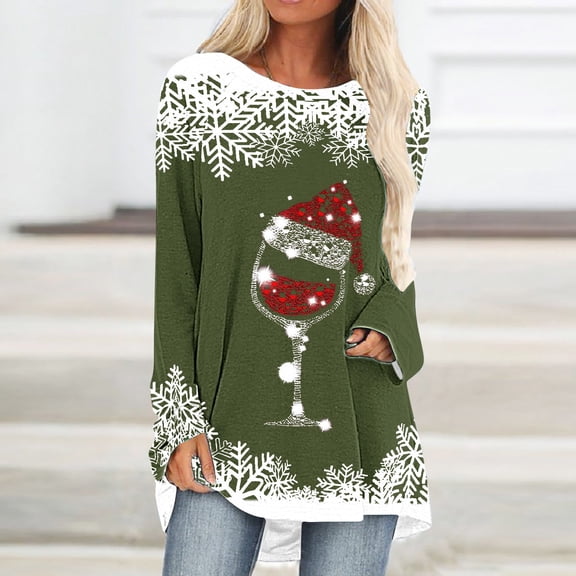 Luxalzxs Tunic Tops for Women Loose Fit Dressy Christmas Wine Glass Print Long Sleeve Round Neck Loose Fit Casual Fall Outfits